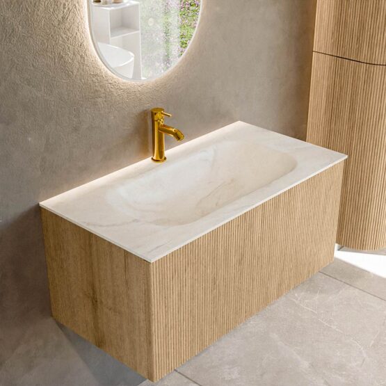 MONDIAZ KURVE-DLUX 90cm mueble de baño  color Oak con 1 cajón y sin puerta. Lavabo BIG SMALL Centro 1 orificio Ostra.