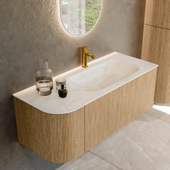 MONDIAZ KURVE-DLUX 115cm mueble de baño curva Izquierda color Oak con 1 cajón y 1 puerta. Lavabo BIG SMALL Derecho 1 orificio Ostra.