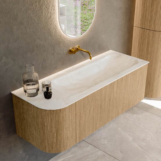 MONDIAZ KURVE-DLUX 125cm mueble de baño curva Izquierda color Oak con 1 cajón y 1 puerta. Lavabo BIG MEDIUM Derecho sin orificio Ostra.