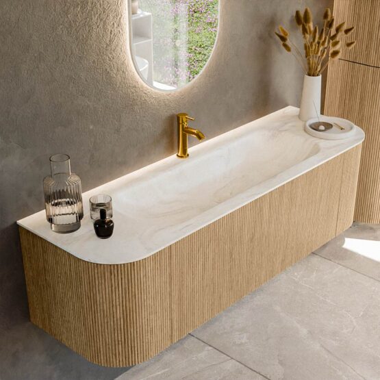 MONDIAZ KURVE-DLUX 150cm mueble de baño curva Izquierda + Derecha color Oak con 1 cajón y 2 puertas. Lavabo BIG MEDIUM Centro 1 orificio Ostra.