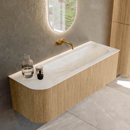 MONDIAZ KURVE-DLUX 135cm mueble de baño curva Izquierda color Oak con 1 cajón y 1 puerta. Lavabo BIG MEDIUM Derecho sin orificio Ostra.