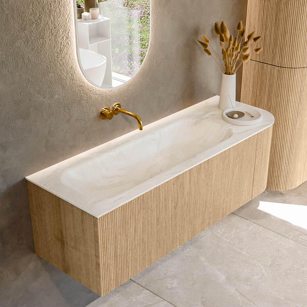 MONDIAZ KURVE-DLUX 135cm mueble de baño curva Derecha color Oak con 1 cajón y 1 puerta. Lavabo BIG MEDIUM Izquierda sin orificio Ostra. 1 MONDIAZ KURVE-DLUX 135cm mueble de baño curva Derecha color Oak con 1 cajón y 1 puerta. Lavabo BIG MEDIUM Izquierda sin orificio Ostra.