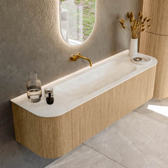 MONDIAZ KURVE-DLUX 160cm mueble de baño curva Izquierda + Derecha color Oak con 1 cajón y 2 puertas. Lavabo BIG MEDIUM Centro sin orificio Ostra.