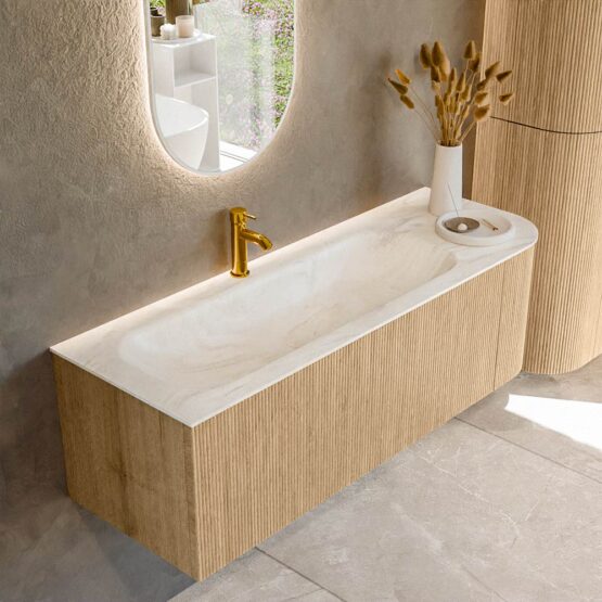 MONDIAZ KURVE-DLUX 135cm mueble de baño curva Derecha color Oak con 1 cajón y 1 puerta. Lavabo BIG MEDIUM Izquierda 1 orificio Ostra.