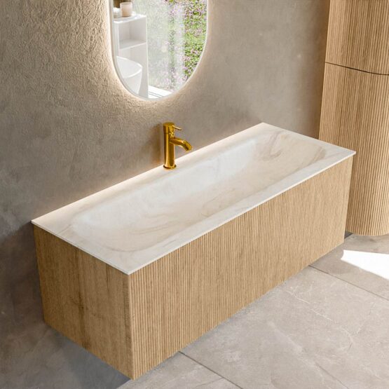 MONDIAZ KURVE-DLUX 120cm mueble de baño  color Oak con 1 cajón y sin puerta. Lavabo BIG LARGE Centro 1 orificio Ostra.