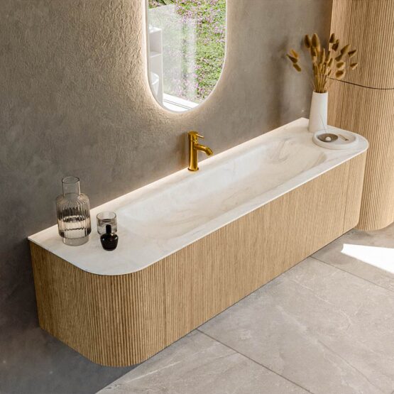 MONDIAZ KURVE-DLUX 170cm mueble de baño curva Izquierda + Derecha color Oak con 1 cajón y 2 puertas. Lavabo BIG LARGE Centro 1 orificio Ostra.
