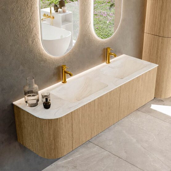 MONDIAZ KURVE-DLUX 155cm mueble de baño curva Izquierda color Oak con 2 cajones y 1 puerta. Lavabo LEAF Doble / Derecho 2 orificios Ostra.