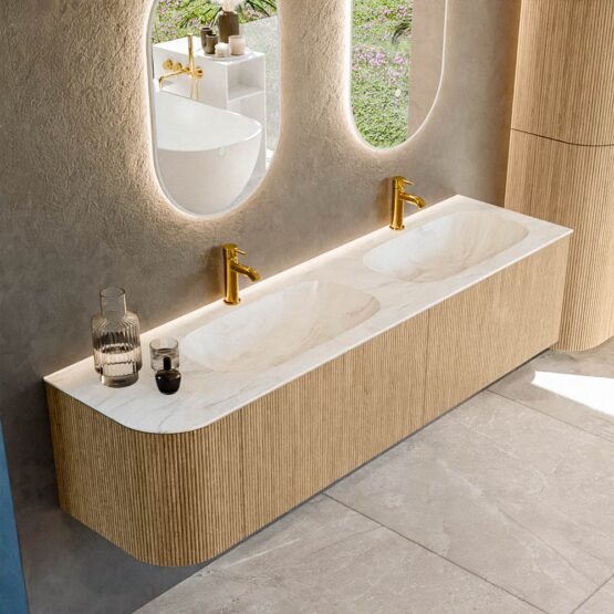 MONDIAZ KURVE-DLUX 175cm mueble de baño curva Izquierda color Oak con 2 cajones y 1 puerta. Lavabo STOR SMALL Doble / Derecho 2 orificios Ostra.