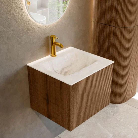 MONDIAZ KURVE-DLUX 50cm mueble de baño color Walnut con 1 cajón y sin puerta. Lavabo GRUNNE Centro 1 orificio Frappe.