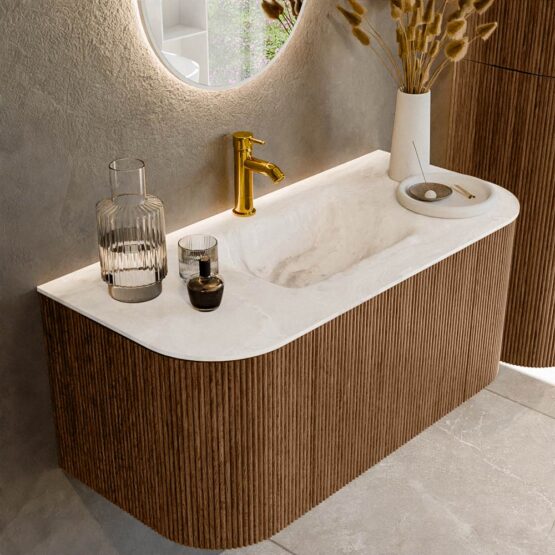MONDIAZ KURVE-DLUX 100cm mueble de baño curva Izquierda + Derecha color Walnut con 1 cajón y 2 puertas. Lavabo GRUNNE Centro 1 orificio Frappe.