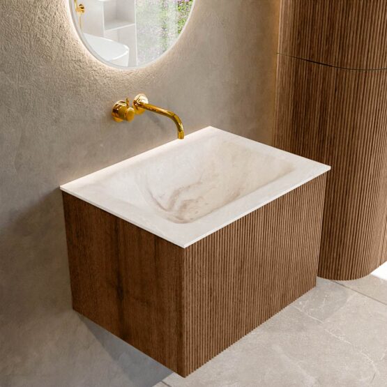 MONDIAZ KURVE-DLUX 60cm mueble de baño  color Walnut con 1 cajón y sin puerta. Lavabo CLOUD Centro sin orificio Frappe.