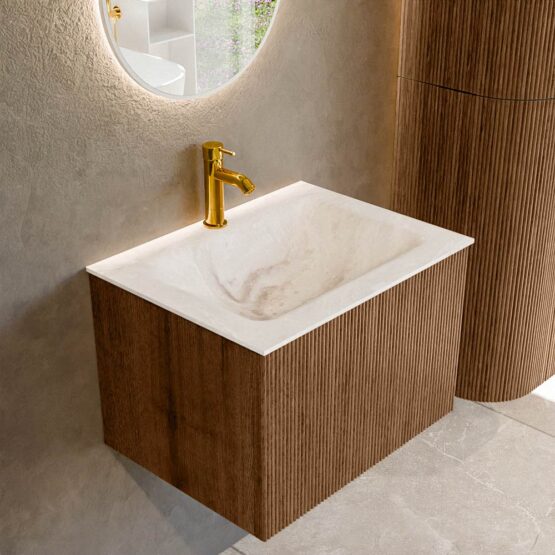 MONDIAZ KURVE-DLUX 60cm mueble de baño  color Walnut con 1 cajón y sin puerta. Lavabo CLOUD Centro 1 orificio Frappe.