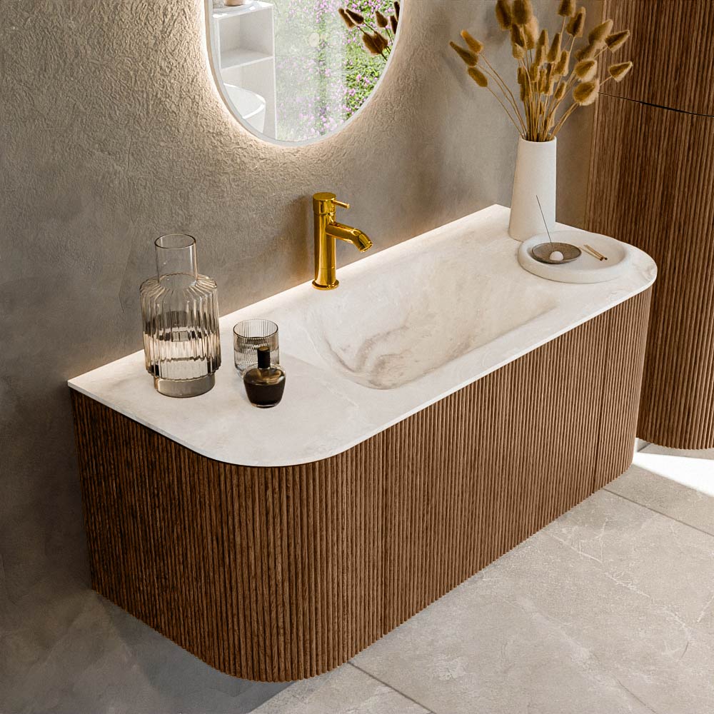 MONDIAZ KURVE-DLUX 110cm mueble de baño curva Izquierda + Derecha color Walnut con 1 cajón y 2 puertas. Lavabo CLOUD Centro 1 orificio Frappe. 1 MONDIAZ KURVE-DLUX 110cm mueble de baño curva Izquierda + Derecha color Walnut con 1 cajón y 2 puertas. Lavabo CLOUD Centro 1 orificio Frappe.