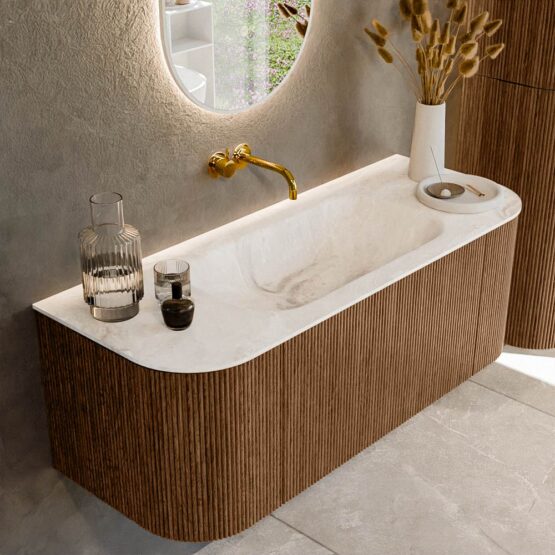 MONDIAZ KURVE-DLUX 120cm mueble de baño curva Izquierda + Derecha color Walnut con 1 cajón y 2 puertas. Lavabo BIG SMALL Centro sin orificio Frappe.