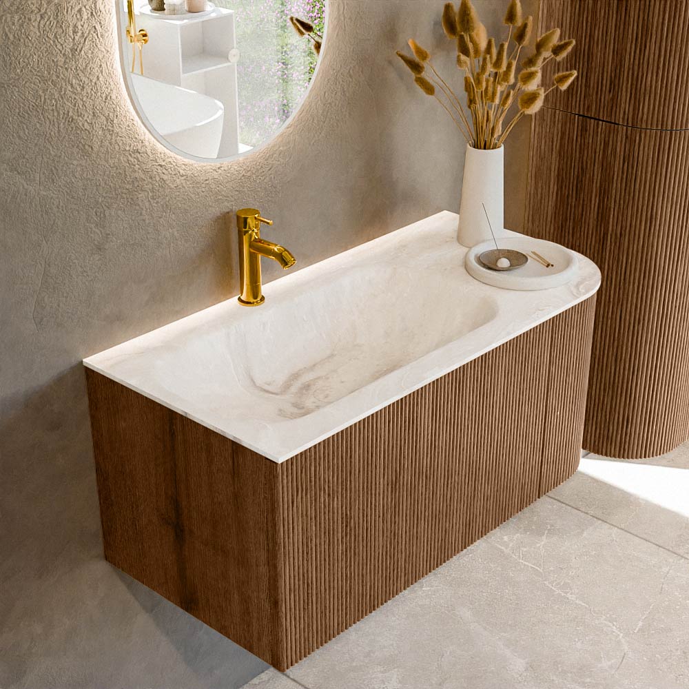MONDIAZ KURVE-DLUX 95cm mueble de baño curva Derecha color Walnut con 1 cajón y 1 puerta. Lavabo BIG SMALL Izquierda 1 orificio Frappe. 1 MONDIAZ KURVE-DLUX 95cm mueble de baño curva Derecha color Walnut con 1 cajón y 1 puerta. Lavabo BIG SMALL Izquierda 1 orificio Frappe.