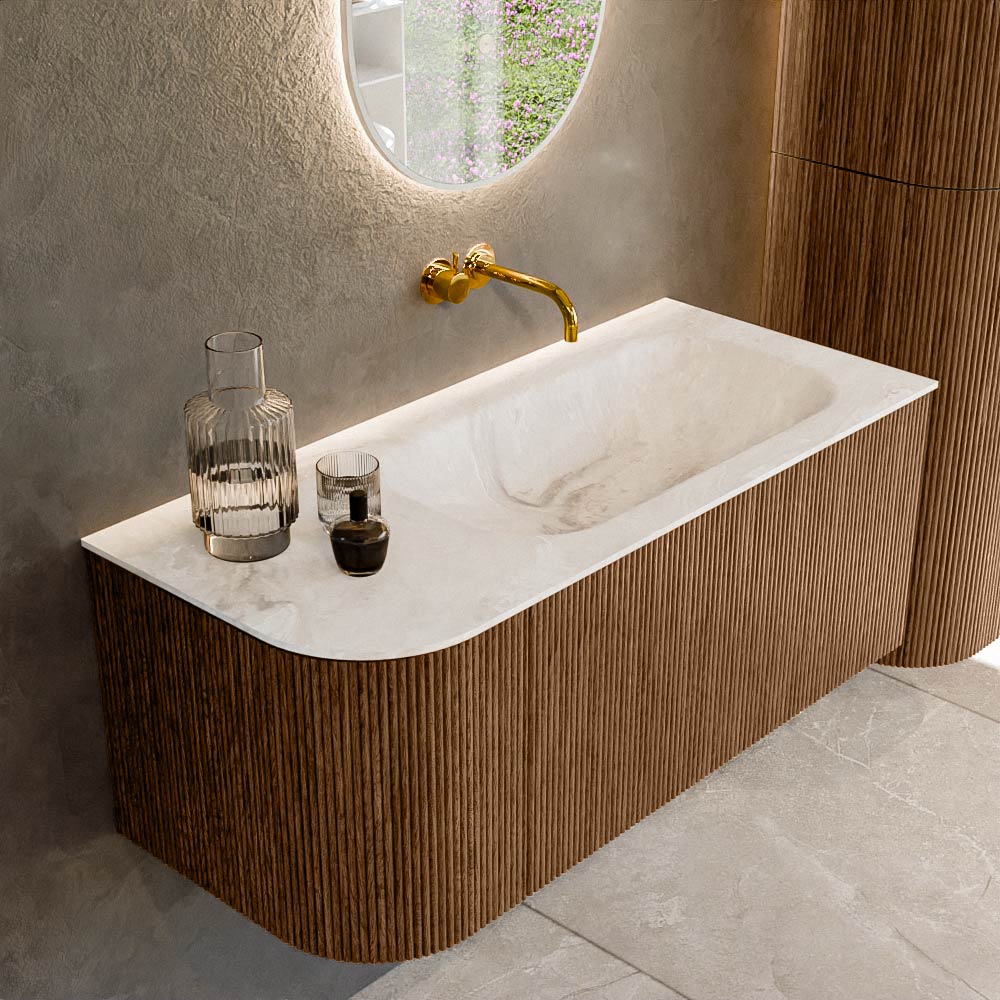 MONDIAZ KURVE-DLUX 105cm mueble de baño curva Izquierda color Walnut con 1 cajón y 1 puerta. Lavabo BIG SMALL Derecho sin orificio Frappe. 1 MONDIAZ KURVE-DLUX 105cm mueble de baño curva Izquierda color Walnut con 1 cajón y 1 puerta. Lavabo BIG SMALL Derecho sin orificio Frappe.