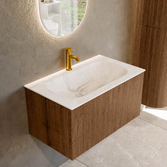 MONDIAZ KURVE-DLUX 80cm mueble de baño  color Walnut con 1 cajón y sin puerta. Lavabo BIG SMALL Centro 1 orificio Frappe.