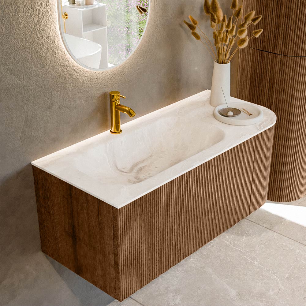 MONDIAZ KURVE-DLUX 105cm mueble de baño curva Derecha color Walnut con 1 cajón y 1 puerta. Lavabo BIG SMALL Izquierda 1 orificio Frappe. 1 MONDIAZ KURVE-DLUX 105cm mueble de baño curva Derecha color Walnut con 1 cajón y 1 puerta. Lavabo BIG SMALL Izquierda 1 orificio Frappe.