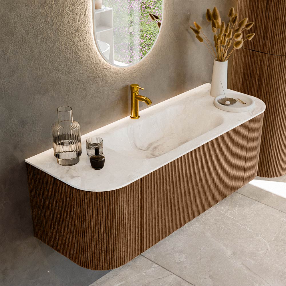 MONDIAZ KURVE-DLUX 130cm mueble de baño curva Izquierda + Derecha color Walnut con 1 cajón y 2 puertas. Lavabo BIG SMALL Centro 1 orificio Frappe. 1 MONDIAZ KURVE-DLUX 130cm mueble de baño curva Izquierda + Derecha color Walnut con 1 cajón y 2 puertas. Lavabo BIG SMALL Centro 1 orificio Frappe.