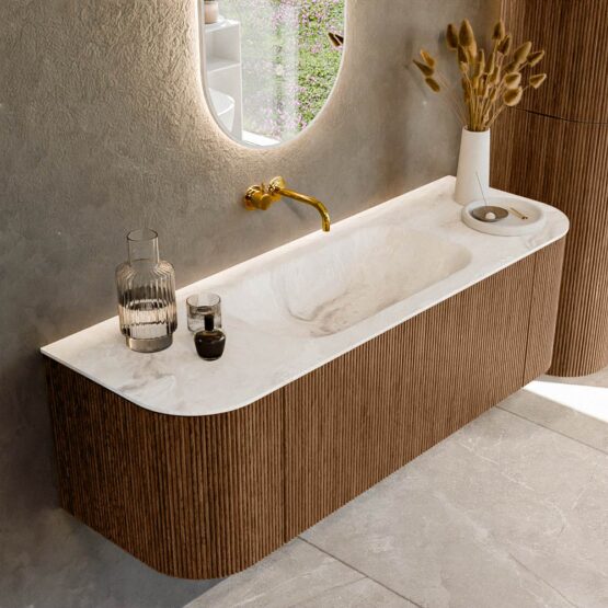 MONDIAZ KURVE-DLUX 140cm mueble de baño curva Izquierda + Derecha color Walnut con 1 cajón y 2 puertas. Lavabo BIG SMALL Centro sin orificio Frappe.