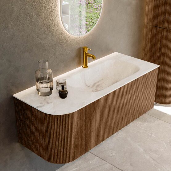 MONDIAZ KURVE-DLUX 115cm mueble de baño curva Izquierda color Walnut con 1 cajón y 1 puerta. Lavabo BIG SMALL Derecho 1 orificio Frappe.