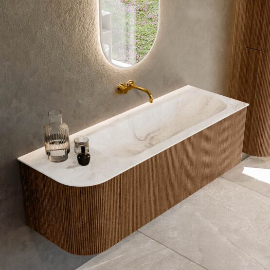 MONDIAZ KURVE-DLUX 135cm mueble de baño curva Izquierda color Walnut con 1 cajón y 1 puerta. Lavabo BIG MEDIUM Derecho sin orificio Frappe.