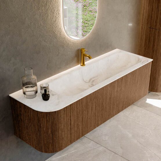 MONDIAZ KURVE-DLUX 145cm mueble de baño curva Izquierda color Walnut con 1 cajón y 1 puerta. Lavabo BIG LARGE Derecho 1 orificio Frappe.