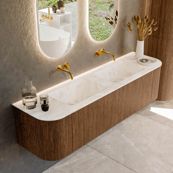 MONDIAZ KURVE-DLUX 170cm mueble de baño curva Izquierda + Derecha color Walnut con 1 cajón y 2 puertas. Lavabo LEAF Doble sin orificio Frappe.
