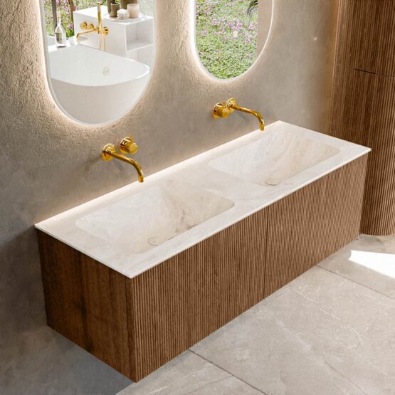 MONDIAZ KURVE-DLUX 130cm mueble de baño  color Walnut con 2 cajones y sin puerta. Lavabo LEAF Doble sin orificio Frappe.