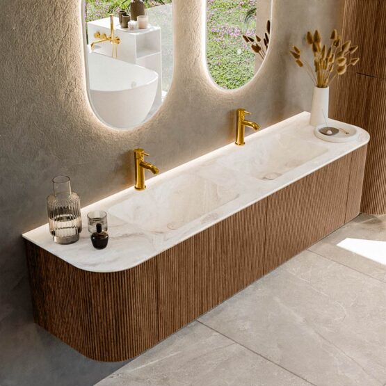 MONDIAZ KURVE-DLUX 180cm mueble de baño curva Izquierda + Derecha color Walnut con 2 cajones y 2 puertas. Lavabo LEAF Doble 2 orificios Frappe.
