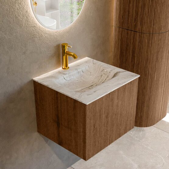 MONDIAZ KURVE-DLUX 50cm mueble de baño  color Walnut con 1 cajón y sin puerta. Lavabo GRUNNE Centro 1 orificio Glace.
