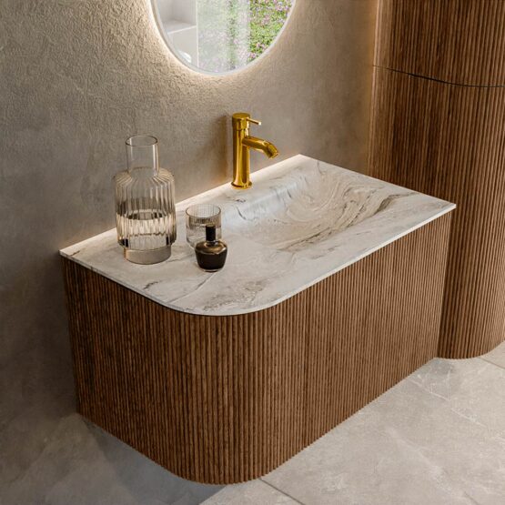 MONDIAZ KURVE-DLUX 75cm mueble de baño curva Izquierda color Walnut con 1 cajón y 1 puerta. Lavabo GRUNNE Derecho 1 orificio Glace.