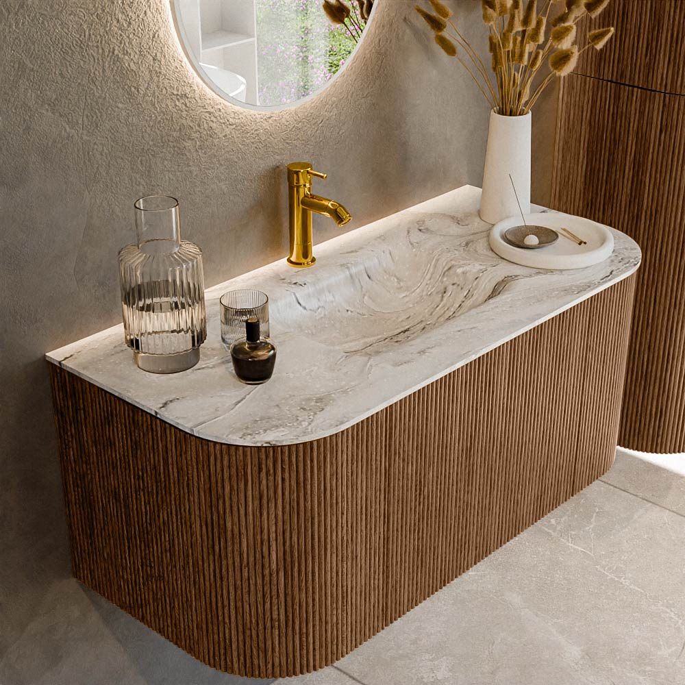 MONDIAZ KURVE-DLUX 100cm mueble de baño curva Izquierda + Derecha color Walnut con 1 cajón y 2 puertas. Lavabo GRUNNE Centro 1 orificio Glace. 1 MONDIAZ KURVE-DLUX 100cm mueble de baño curva Izquierda + Derecha color Walnut con 1 cajón y 2 puertas. Lavabo GRUNNE Centro 1 orificio Glace.