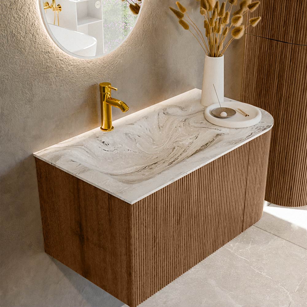 MONDIAZ KURVE-DLUX 85cm mueble de baño curva Derecha color Walnut con 1 cajón y 1 puerta. Lavabo CLOUD Izquierda 1 orificio Glace. 1 MONDIAZ KURVE-DLUX 85cm mueble de baño curva Derecha color Walnut con 1 cajón y 1 puerta. Lavabo CLOUD Izquierda 1 orificio Glace.