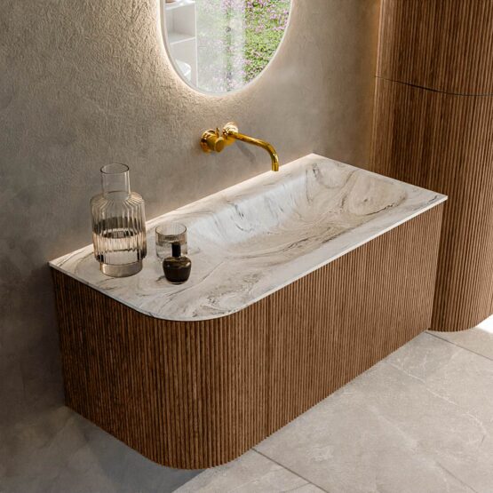 MONDIAZ KURVE-DLUX 95cm mueble de baño curva Izquierda color Walnut con 1 cajón y 1 puerta. Lavabo BIG SMALL Derecho sin orificio Glace.