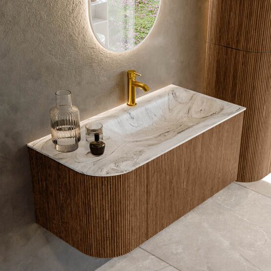 MONDIAZ KURVE-DLUX 95cm mueble de baño curva Izquierda color Walnut con 1 cajón y 1 puerta. Lavabo BIG SMALL Derecho 1 orificio Glace.
