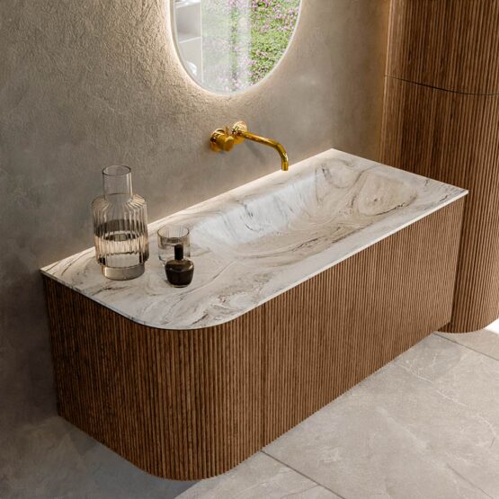 MONDIAZ KURVE-DLUX 105cm mueble de baño curva Izquierda color Walnut con 1 cajón y 1 puerta. Lavabo BIG SMALL Derecho sin orificio Glace.