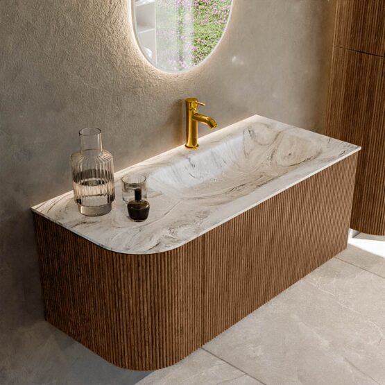 MONDIAZ KURVE-DLUX 105cm mueble de baño curva Izquierda color Walnut con 1 cajón y 1 puerta. Lavabo BIG SMALL Derecho 1 orificio Glace.