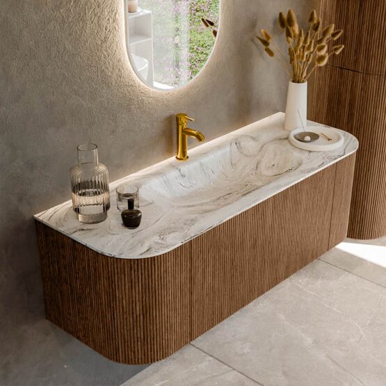 MONDIAZ KURVE-DLUX 130cm mueble de baño curva Izquierda + Derecha color Walnut con 1 cajón y 2 puertas. Lavabo BIG SMALL Centro 1 orificio Glace.