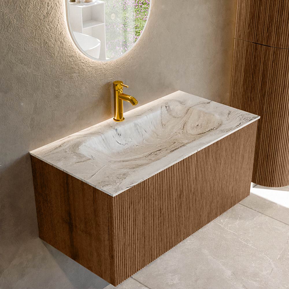 MONDIAZ KURVE-DLUX 90cm mueble de baño color Walnut con 1 cajón y sin puerta. Lavabo BIG SMALL Centro 1 orificio Glace. 1 MONDIAZ KURVE-DLUX 90cm mueble de baño color Walnut con 1 cajón y sin puerta. Lavabo BIG SMALL Centro 1 orificio Glace.