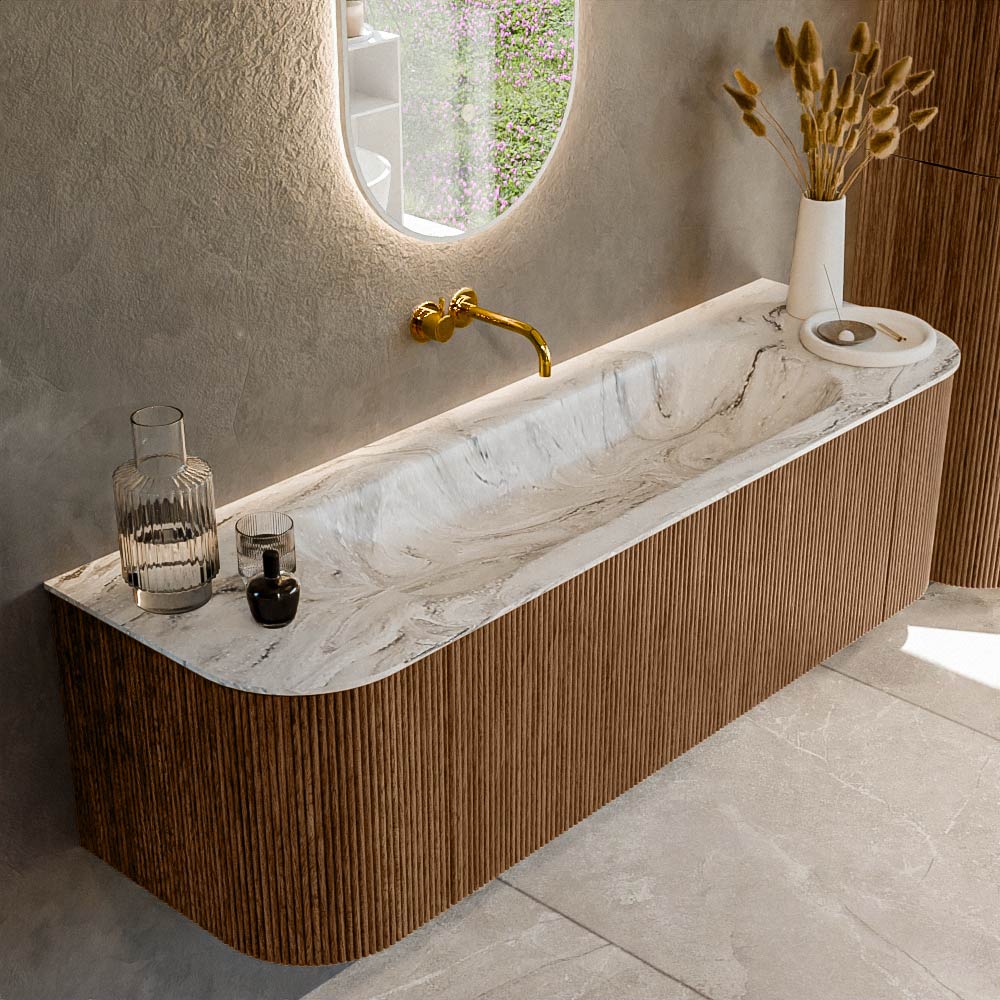 MONDIAZ KURVE-DLUX 150cm mueble de baño curva Izquierda + Derecha color Walnut con 1 cajón y 2 puertas. Lavabo BIG MEDIUM Centro sin orificio Glace. 1 MONDIAZ KURVE-DLUX 150cm mueble de baño curva Izquierda + Derecha color Walnut con 1 cajón y 2 puertas. Lavabo BIG MEDIUM Centro sin orificio Glace.