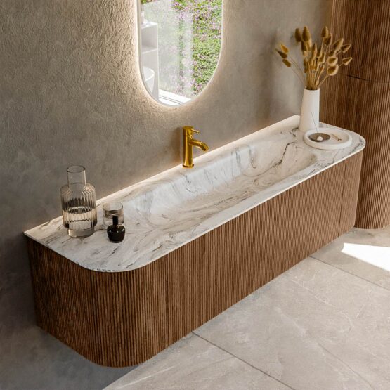 MONDIAZ KURVE-DLUX 160cm mueble de baño curva Izquierda + Derecha color Walnut con 1 cajón y 2 puertas. Lavabo BIG MEDIUM Centro 1 orificio Glace.