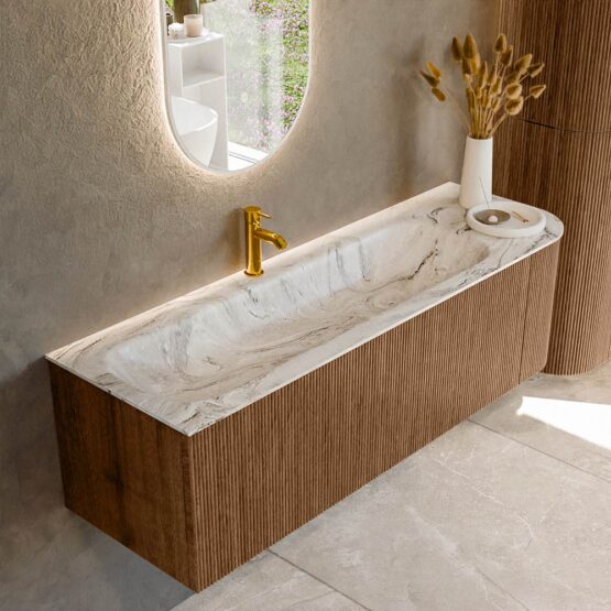 MONDIAZ KURVE-DLUX 145cm mueble de baño curva Derecha color Walnut con 1 cajón y 1 puerta. Lavabo BIG LARGE Izquierda 1 orificio Glace.