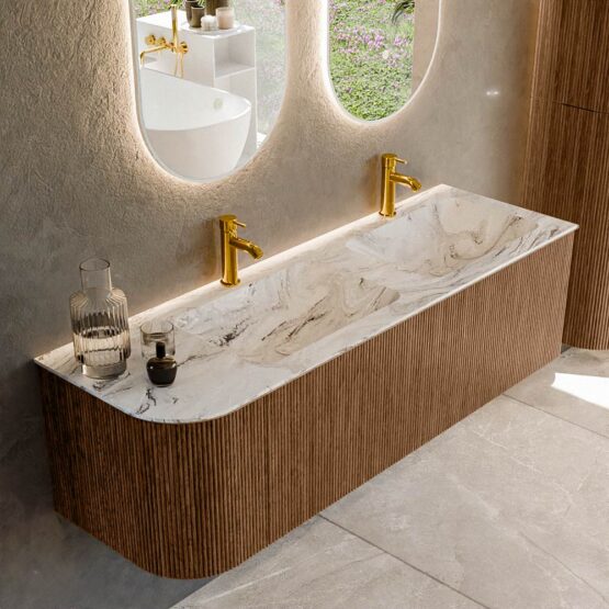 MONDIAZ KURVE-DLUX 145cm mueble de baño curva Izquierda color Walnut con 1 cajón y 1 puerta. Lavabo LEAF Doble / Derecho 2 orificios Glace.