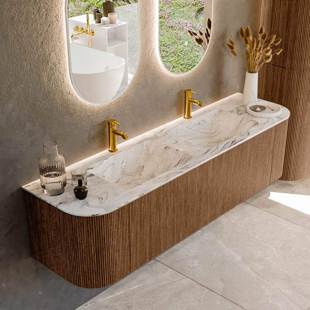 MONDIAZ KURVE-DLUX 170cm mueble de baño curva Izquierda + Derecha color Walnut con 1 cajón y 2 puertas. Lavabo LEAF Doble 2 orificios Glace. 1 MONDIAZ KURVE-DLUX 170cm mueble de baño curva Izquierda + Derecha color Walnut con 1 cajón y 2 puertas. Lavabo LEAF Doble 2 orificios Glace.