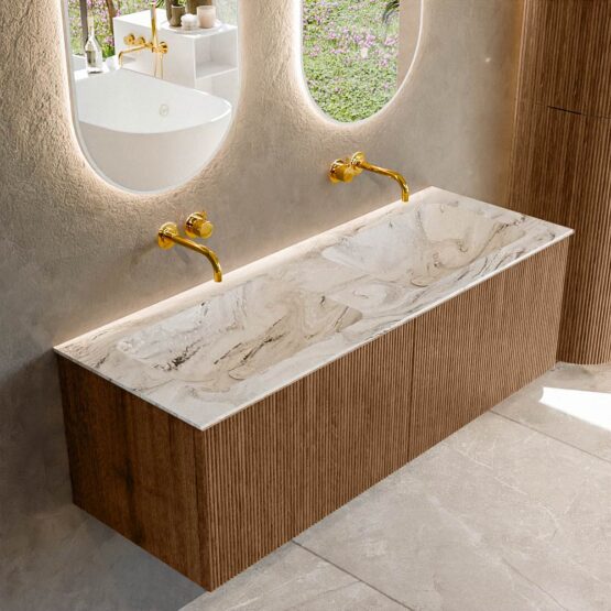 MONDIAZ KURVE-DLUX 130cm mueble de baño color Walnut con 2 cajones y sin puerta. Lavabo LEAF Doble sin orificio Glace.