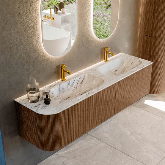 MONDIAZ KURVE-DLUX 165cm mueble de baño curva Izquierda color Walnut con 2 cajones y 1 puerta. Lavabo STOR SMALL Doble / Derecho 2 orificios Glace.