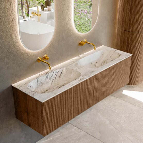 MONDIAZ KURVE-DLUX 150cm mueble de baño  color Walnut con 2 cajones y sin puerta. Lavabo STOR SMALL Doble sin orificio Glace.