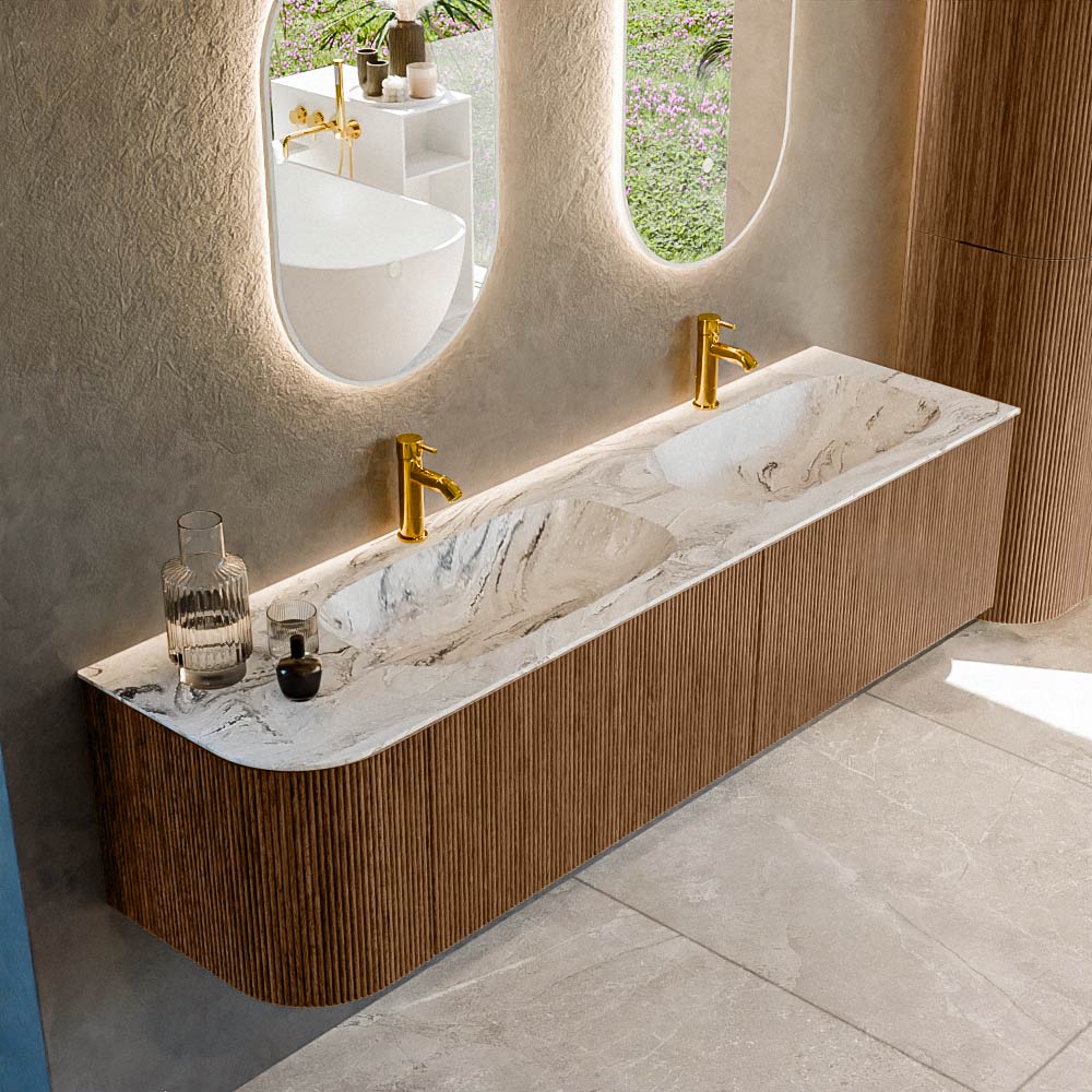 MONDIAZ KURVE-DLUX 175cm mueble de baño curva Izquierda color Walnut con 2 cajones y 1 puerta. Lavabo STOR SMALL Doble / Derecho 2 orificios Glace. 1 MONDIAZ KURVE-DLUX 175cm mueble de baño curva Izquierda color Walnut con 2 cajones y 1 puerta. Lavabo STOR SMALL Doble / Derecho 2 orificios Glace.