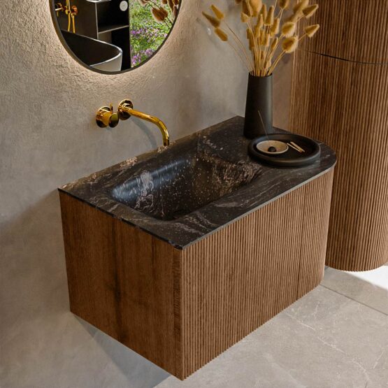 MONDIAZ KURVE-DLUX 75cm mueble de baño curva Derecha color Walnut con 1 cajón y 1 puerta. Lavabo GRUNNE Izquierda sin orificio Lava.